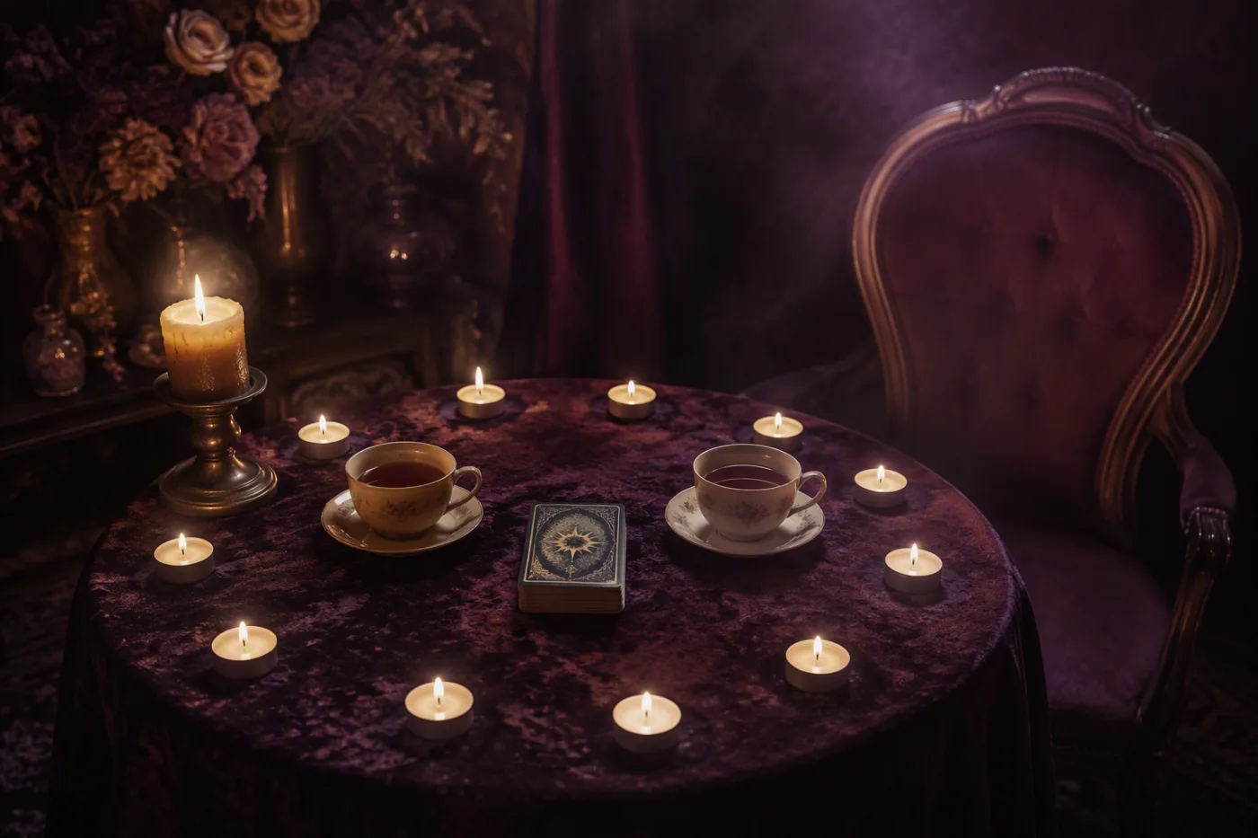 A small round table in a candlelit room, small candles lit around a deck of tarot cards, an empty chair waiting