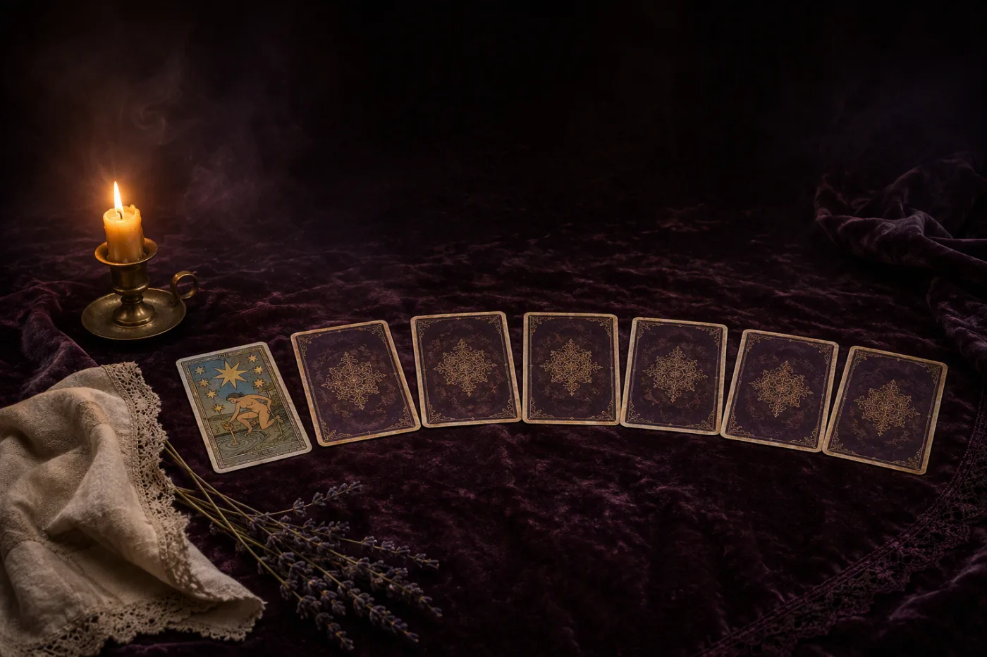 Seven tarot cards laid out on purple velvet by candlelight, the first one turned face up